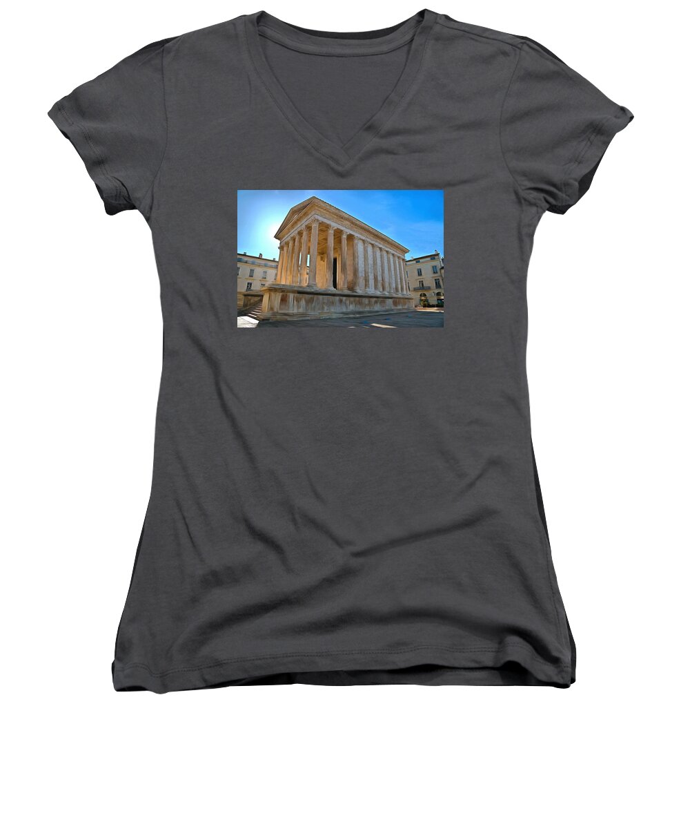 Temple Women's V-Neck featuring the photograph Maison Carree Nimes by Scott Carruthers