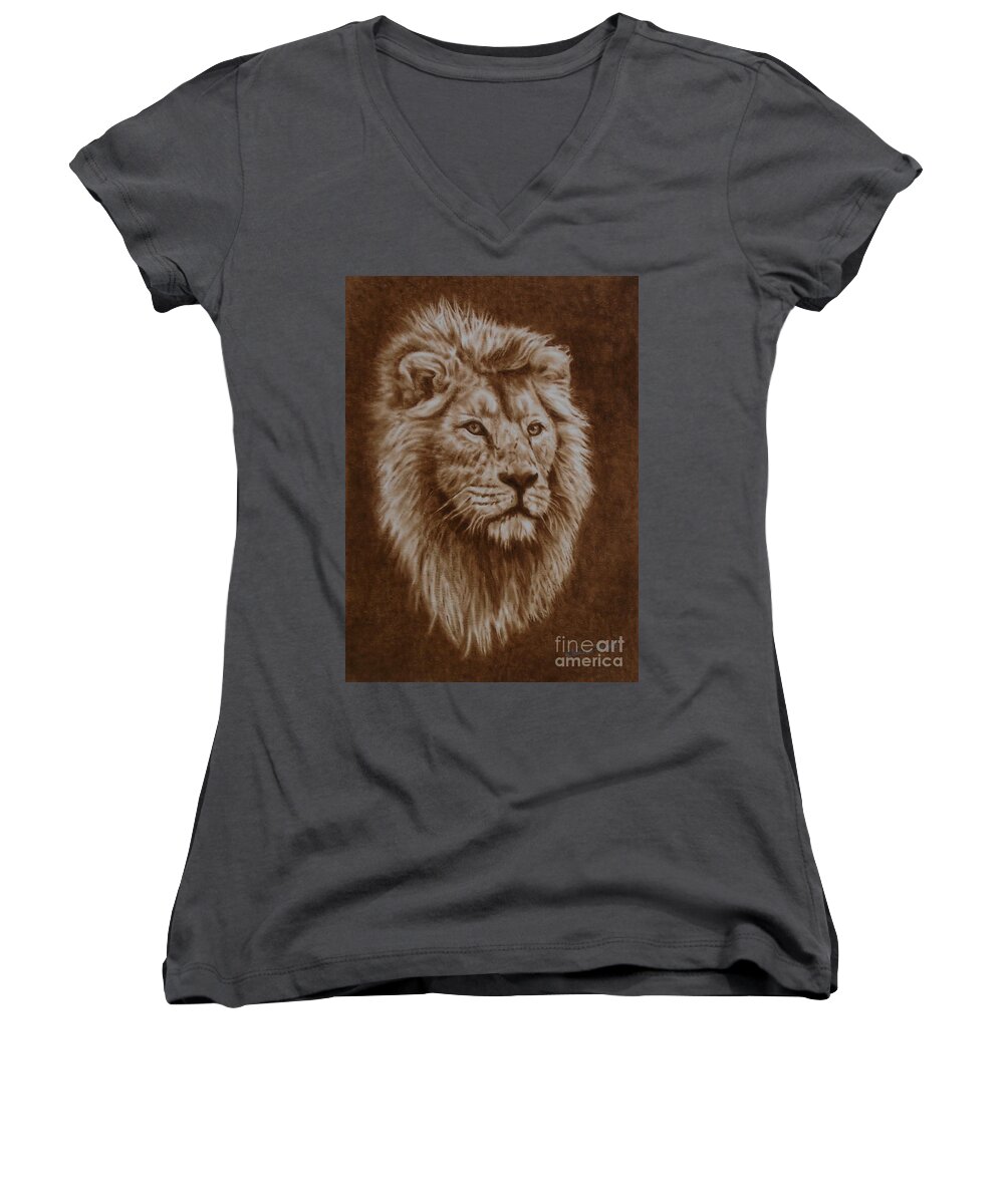 Lion Women's V-Neck featuring the painting His Majesty by Elaine Jones