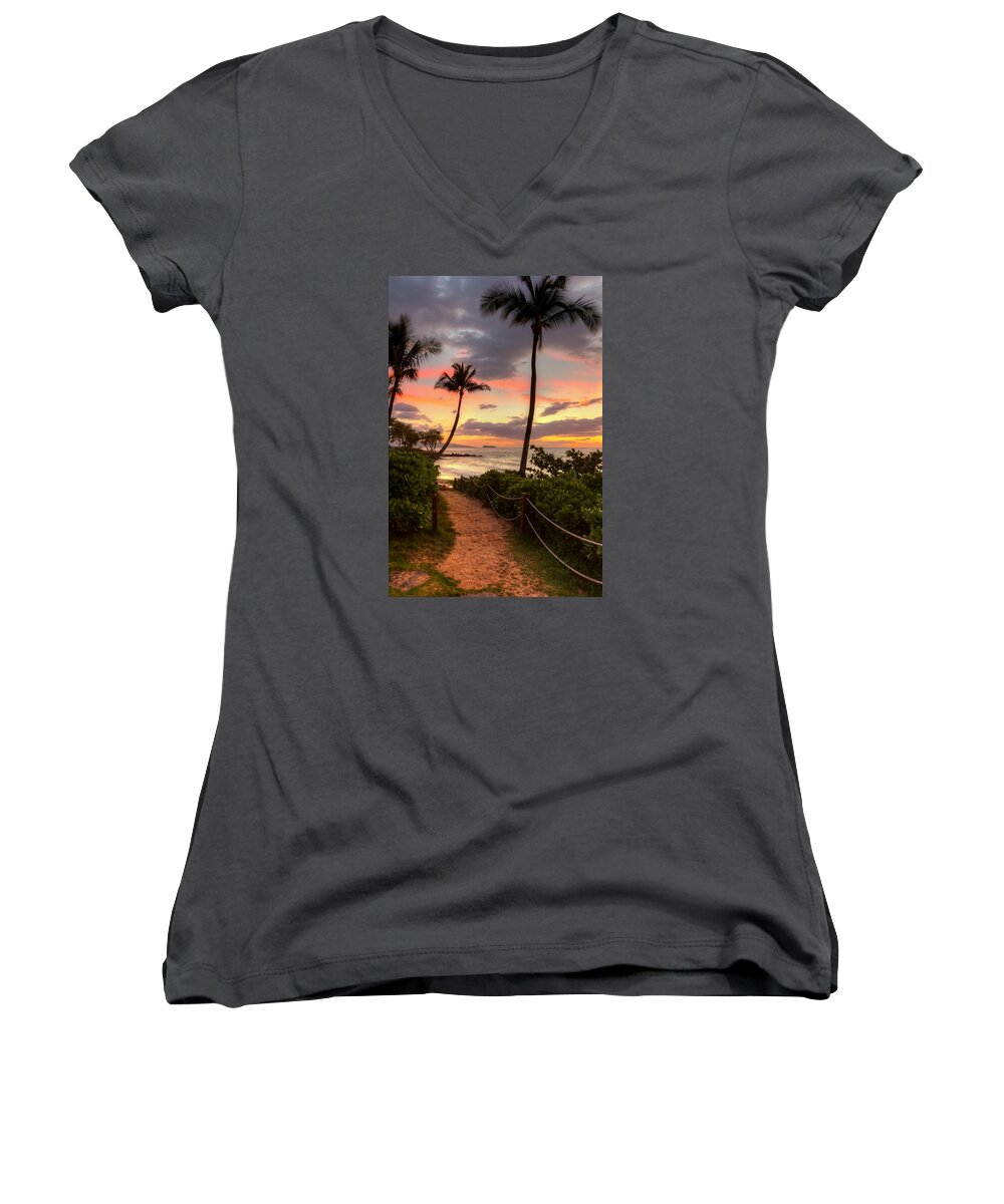 Maui Hawaii Women's V-Neck featuring the photograph Makena Sunset Path by Susan Rissi Tregoning