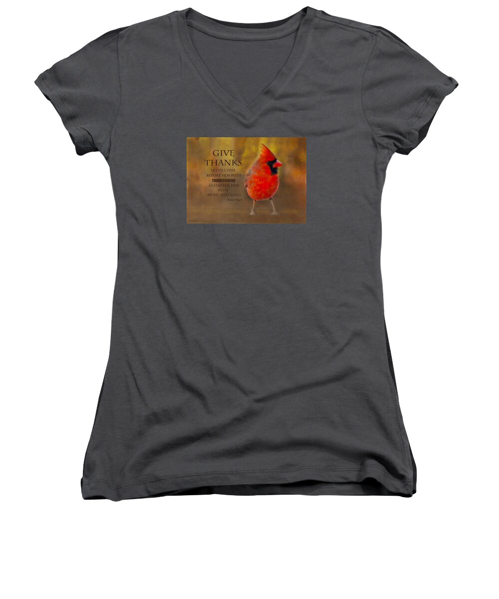 Male Cardinal Women's V-Neck featuring the photograph Male Cardinal in Fall Give Thanks by Sandi OReilly