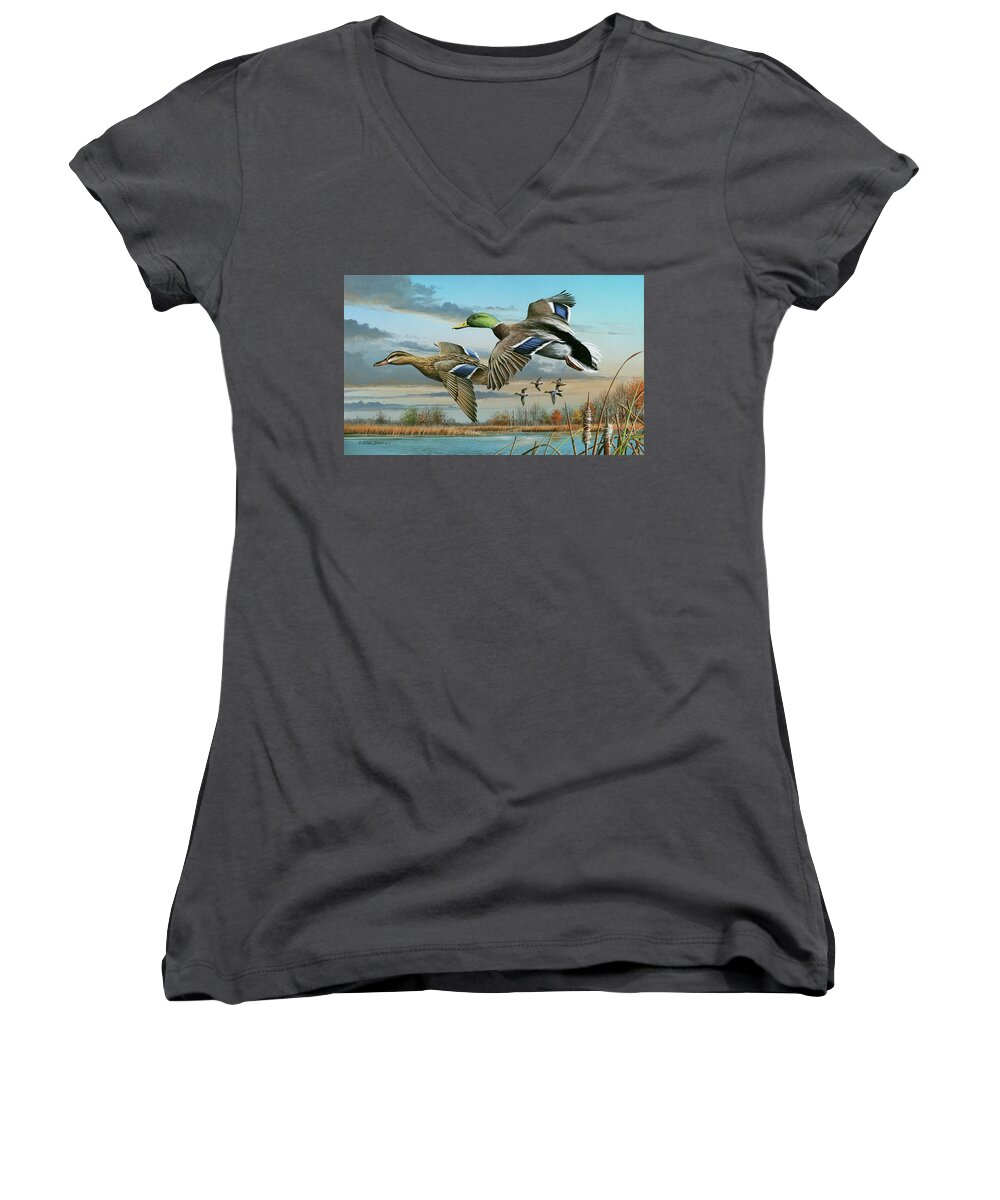 Ducks Women's V-Neck featuring the painting Mallards in Flight by Mike Brown