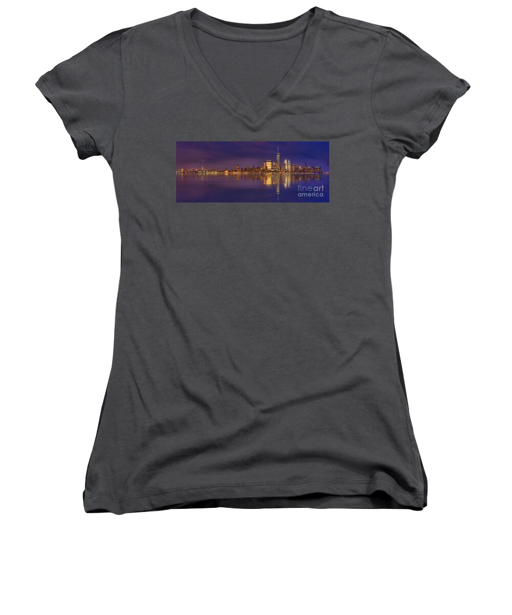 American Express Women's V-Neck featuring the photograph Manhattan, New York At Dusk Panoramic View by Laurent Lucuix