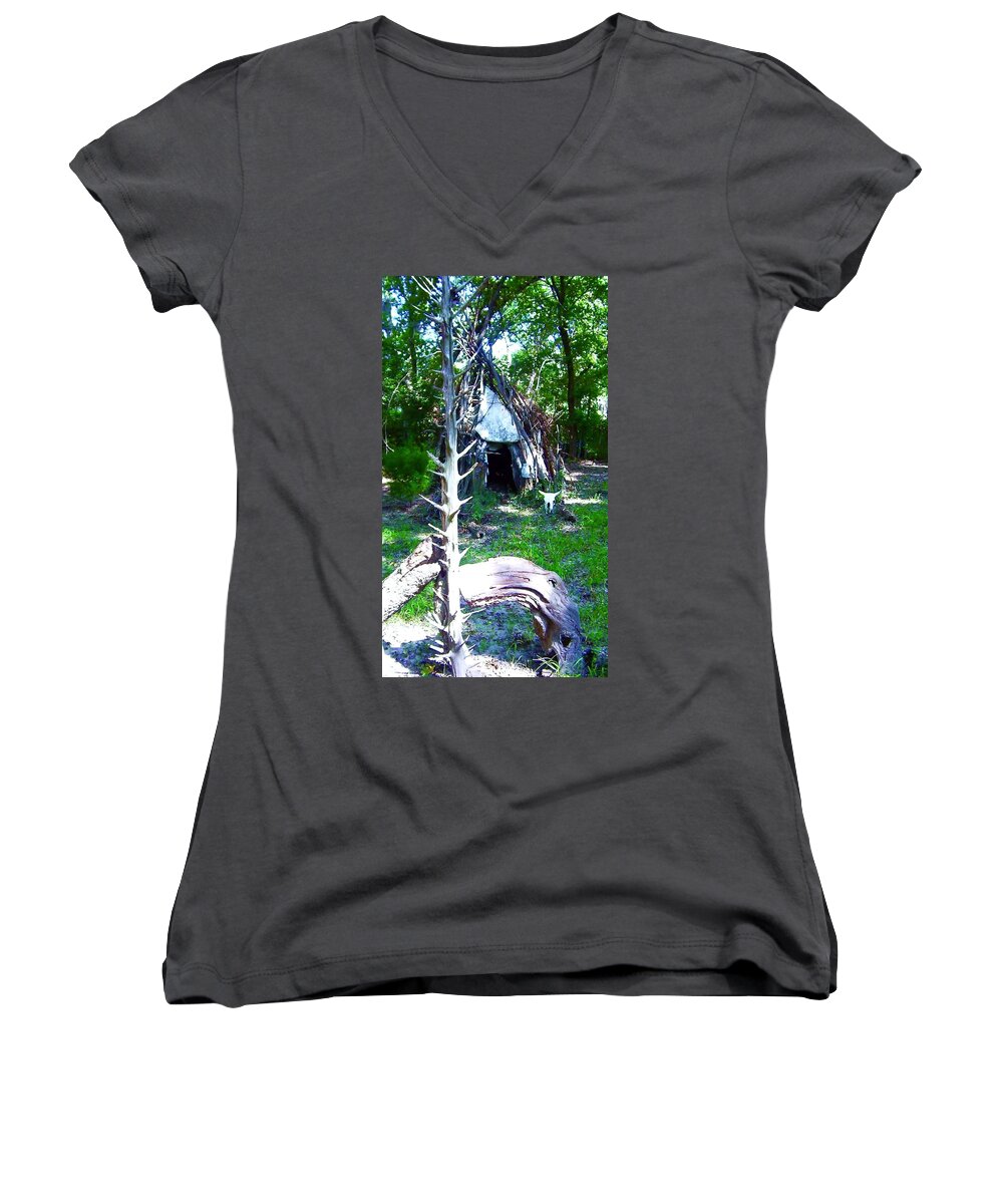 Native American; Sacred Women's V-Neck featuring the digital art Many Journies by Kicking Bear Productions