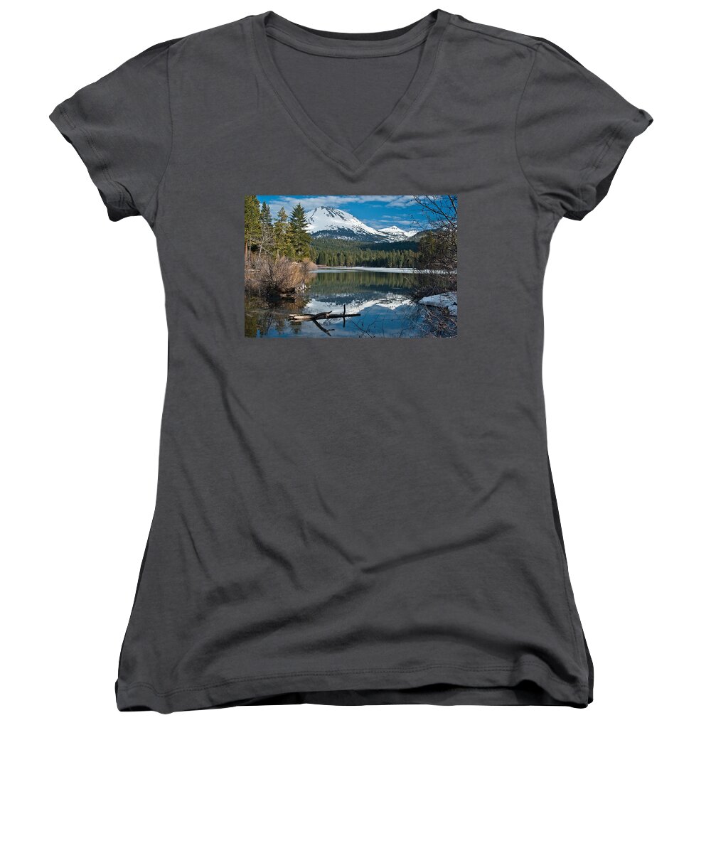 Lake Women's V-Neck featuring the photograph Manzanita Lake Reflects on Mount Lassen by Greg Nyquist