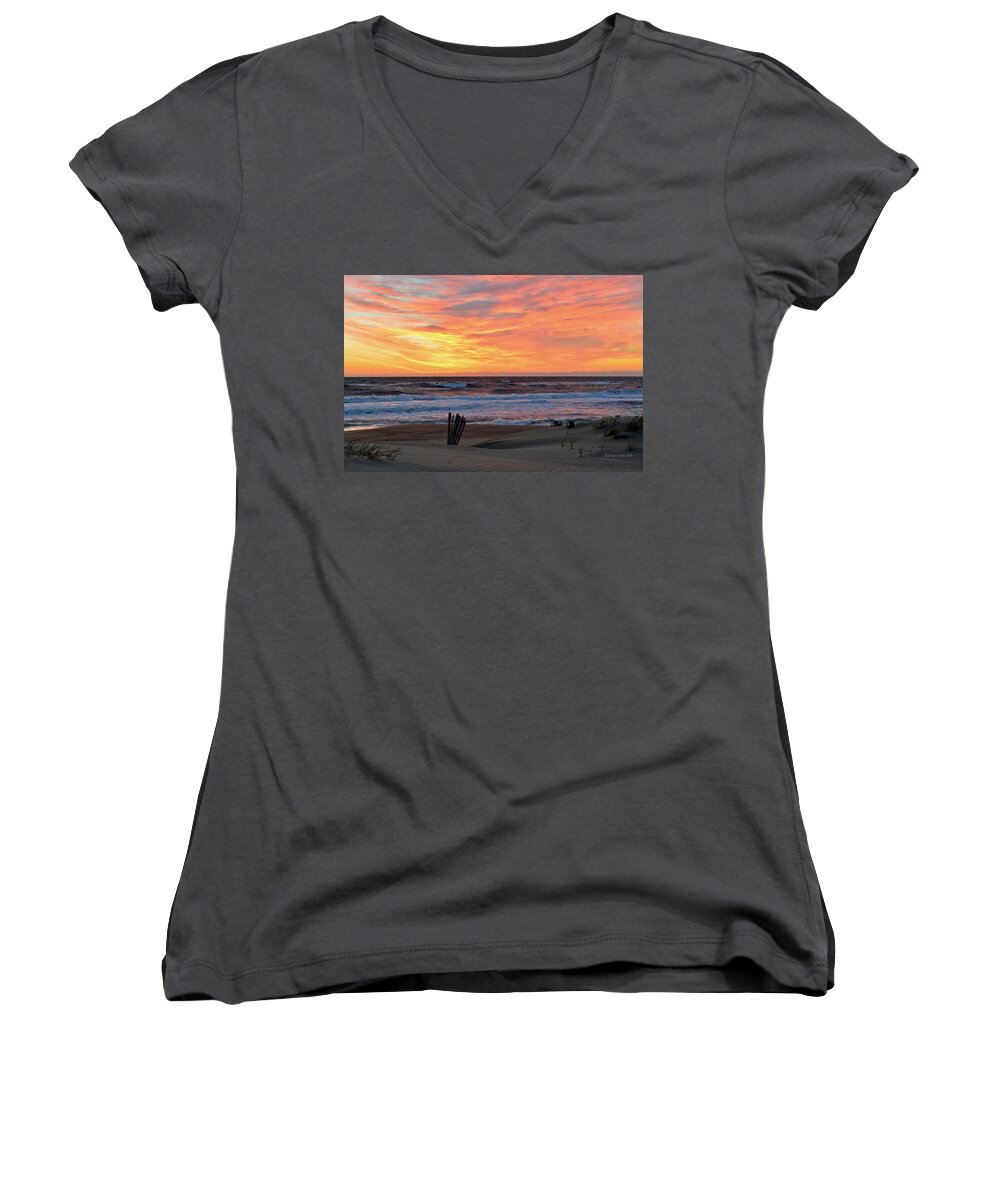 Obx Sunrise Women's V-Neck featuring the photograph March 23 Sunrise by Barbara Ann Bell