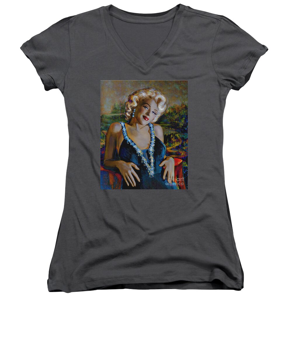 Marilyn Women's V-Neck featuring the painting Marilyn Monroe 126 Monalisa by Theo Danella
