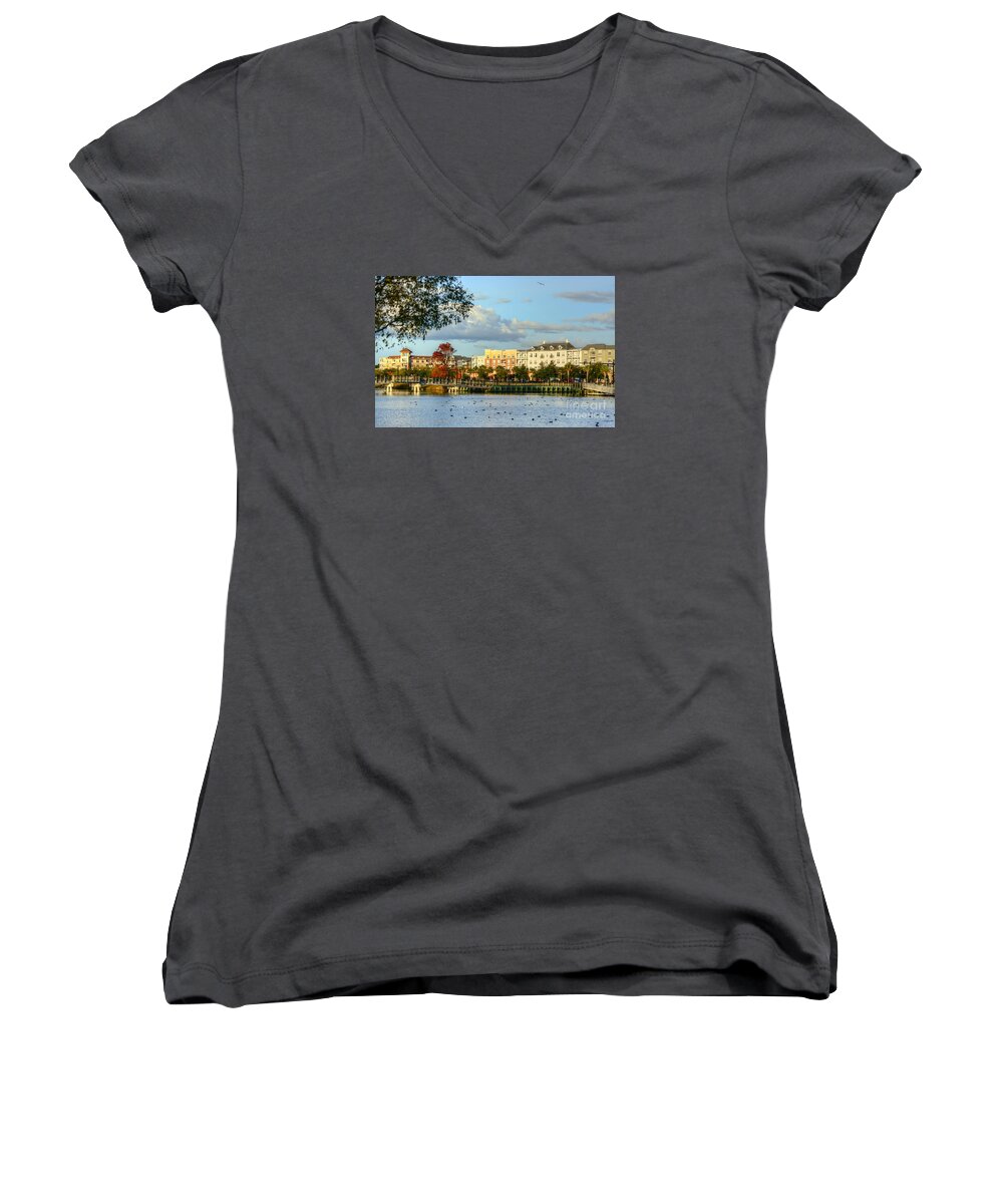 Scenic Women's V-Neck featuring the photograph Market Common Myrtle Beach by Kathy Baccari