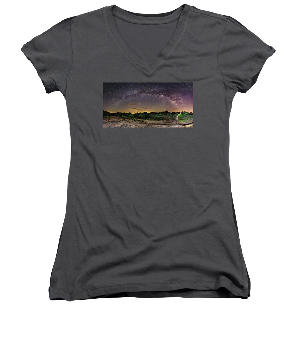 Central Women's V-Neck featuring the photograph Marveling at the Creation of God - Milky Way Panorama at Enchanted Rock - Texas Hill Country by Silvio Ligutti