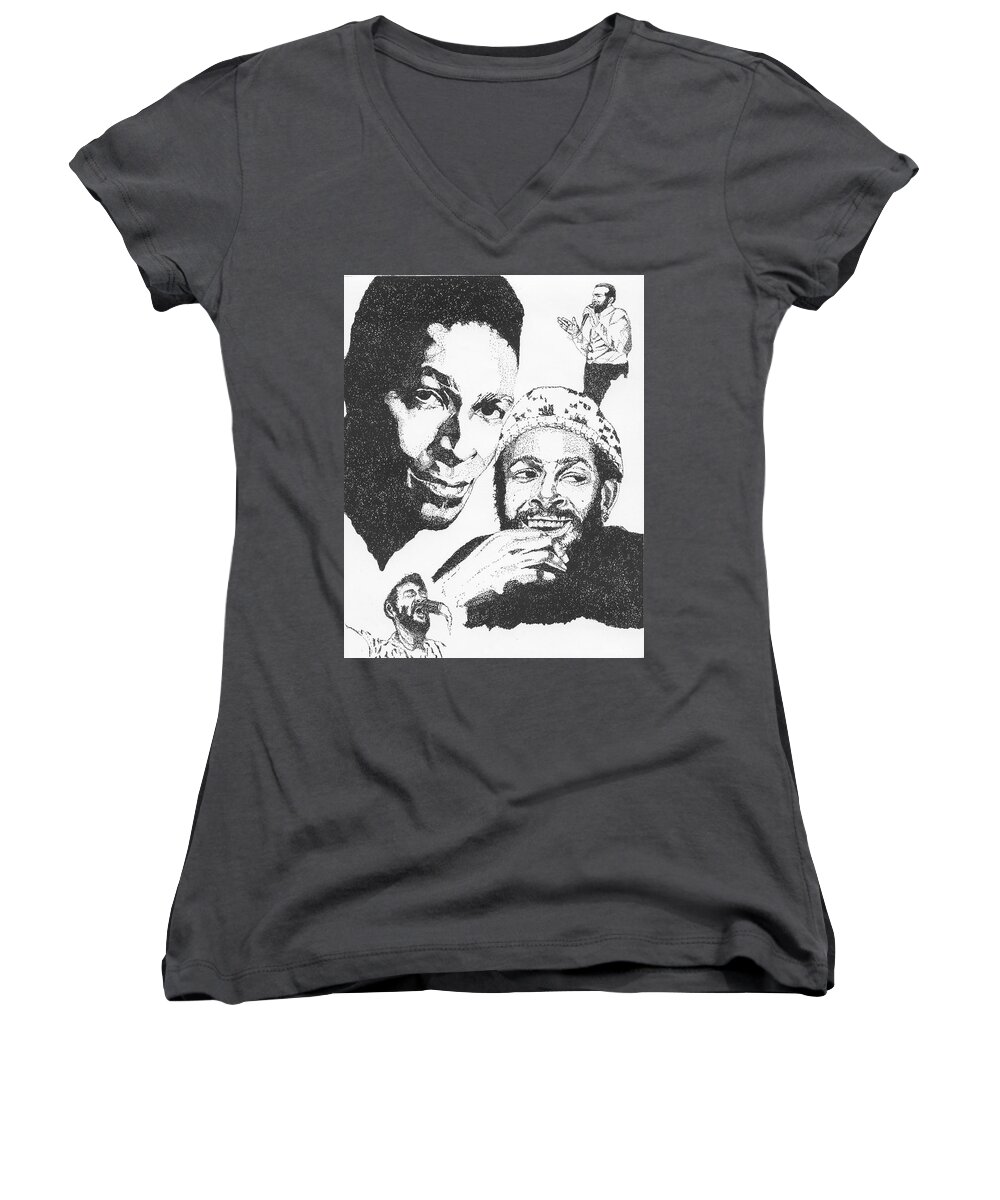 Drawings Women's V-Neck featuring the drawing Marvin Gaye Tribute by Michelle Gilmore