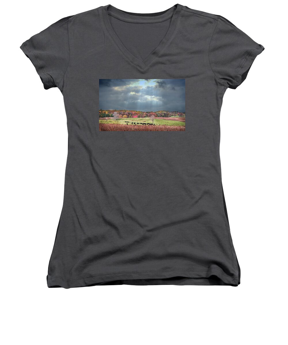 Landscape Women's V-Neck featuring the photograph Maryland farm with Autumn Colors and approaching storm by Patrick Wolf