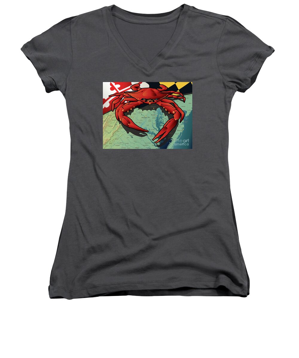 Crab Women's V-Neck featuring the digital art Maryland Red Crab by Joe Barsin