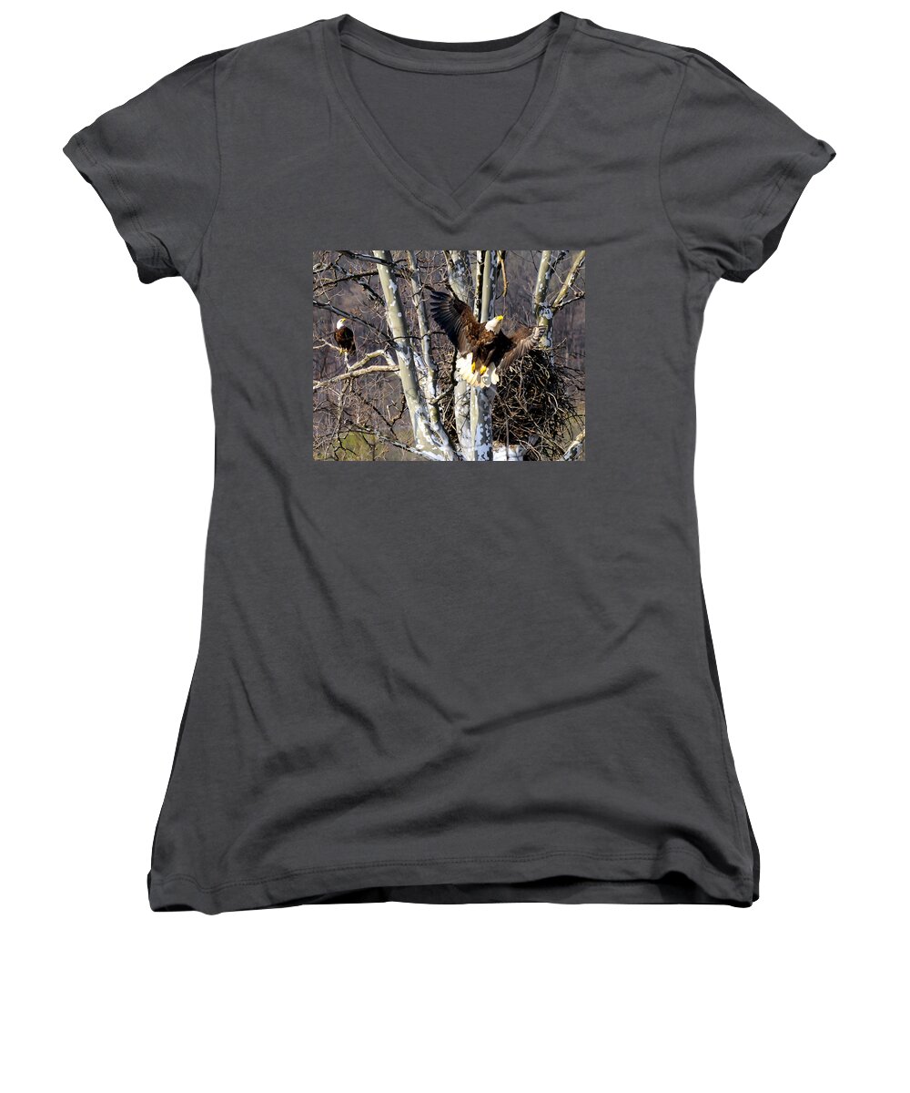Eagles Mates Women's V-Neck featuring the photograph Mating Pair at nest by Randall Branham