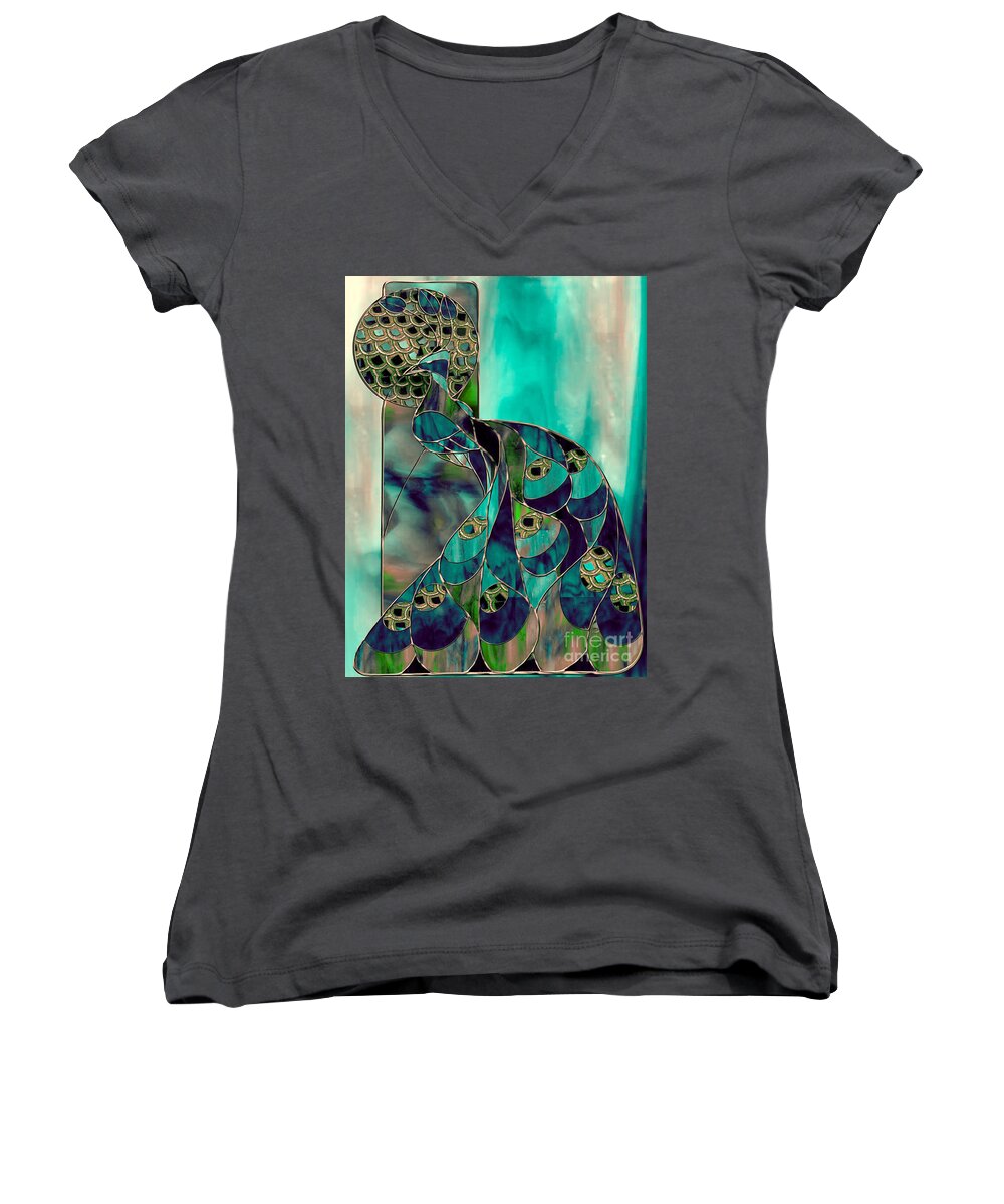 Stained Glass Peacock Women's V-Neck featuring the painting Mating Season Stained Glass Peacock by Mindy Sommers