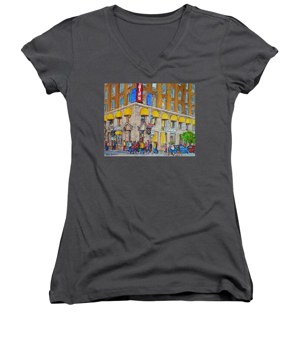 Montreal Women's V-Neck featuring the painting Mcdonald Restaurant Old Montreal by Carole Spandau