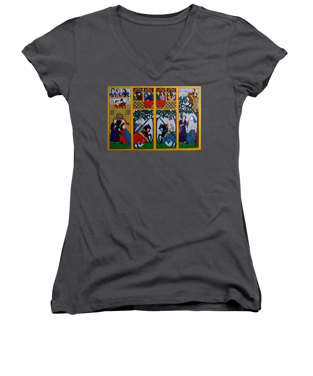Knights Women's V-Neck featuring the painting Medieval Scene by Stephanie Moore