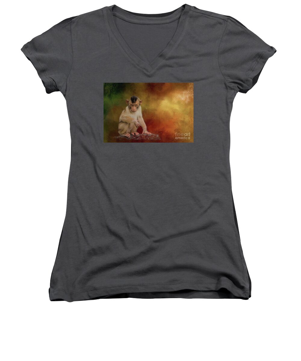 Southern Pig-tailed Macaque Women's V-Neck featuring the photograph Meditative by Eva Lechner