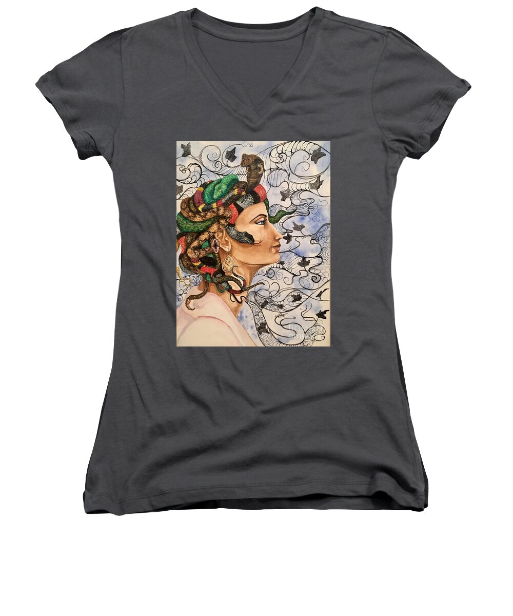  Watercolor Women's V-Neck featuring the mixed media Medusa by Mastiff Studios