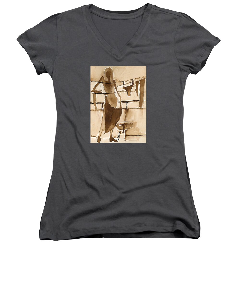 Mother Women's V-Neck featuring the painting Memories from childhood by Maya Manolova