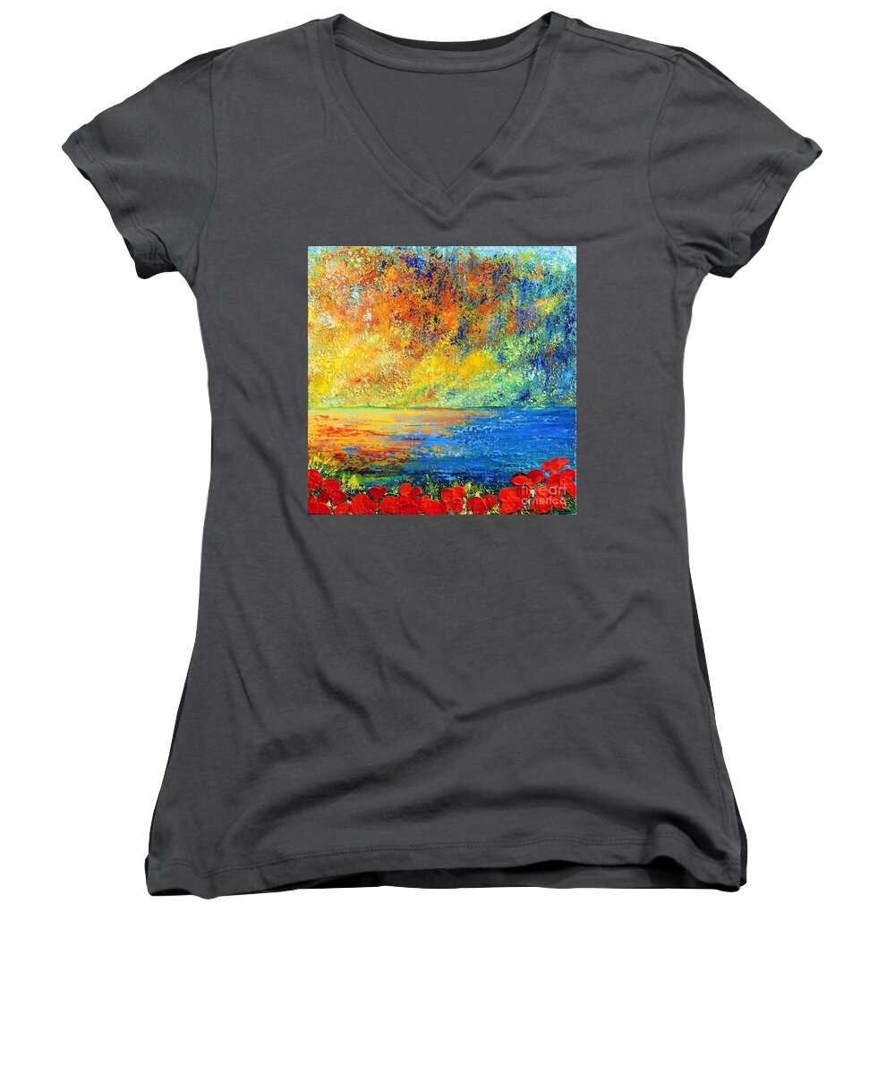 Sunset Women's V-Neck featuring the painting Memories Of Summer by Teresa Wegrzyn