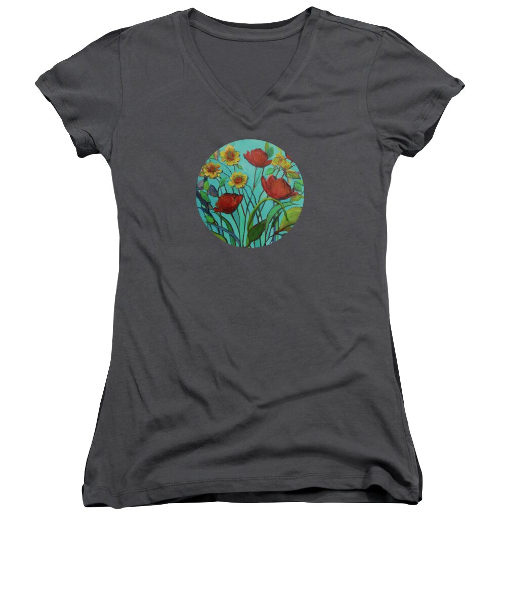 Contemporary Floral Painting Women's V-Neck featuring the painting Memories of the Meadow by Mary Wolf