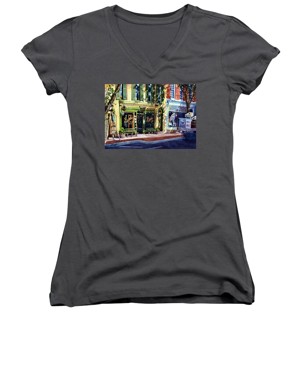 #landscape #cityscape #watercolor #art #irishpub #frederickmd #bushwallers #watercolorpainting #painting Women's V-Neck featuring the painting Mending the Pub by Mick Williams
