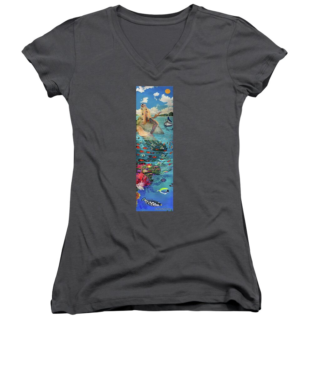 Mermaid In Paradise Women's V-Neck featuring the painting Mermaid in Paradise towel version by Bonnie Siracusa