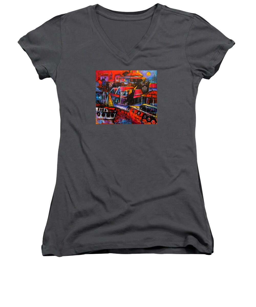 Art Women's V-Neck featuring the painting Mesmerised by the moon by Jeremy Holton
