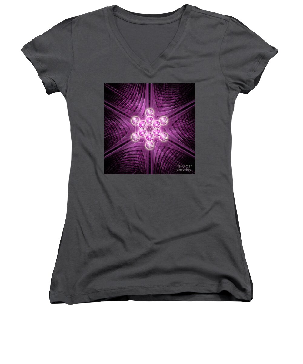 Metatron Women's V-Neck featuring the digital art Metatron's Cube atomic by Alexa Szlavics