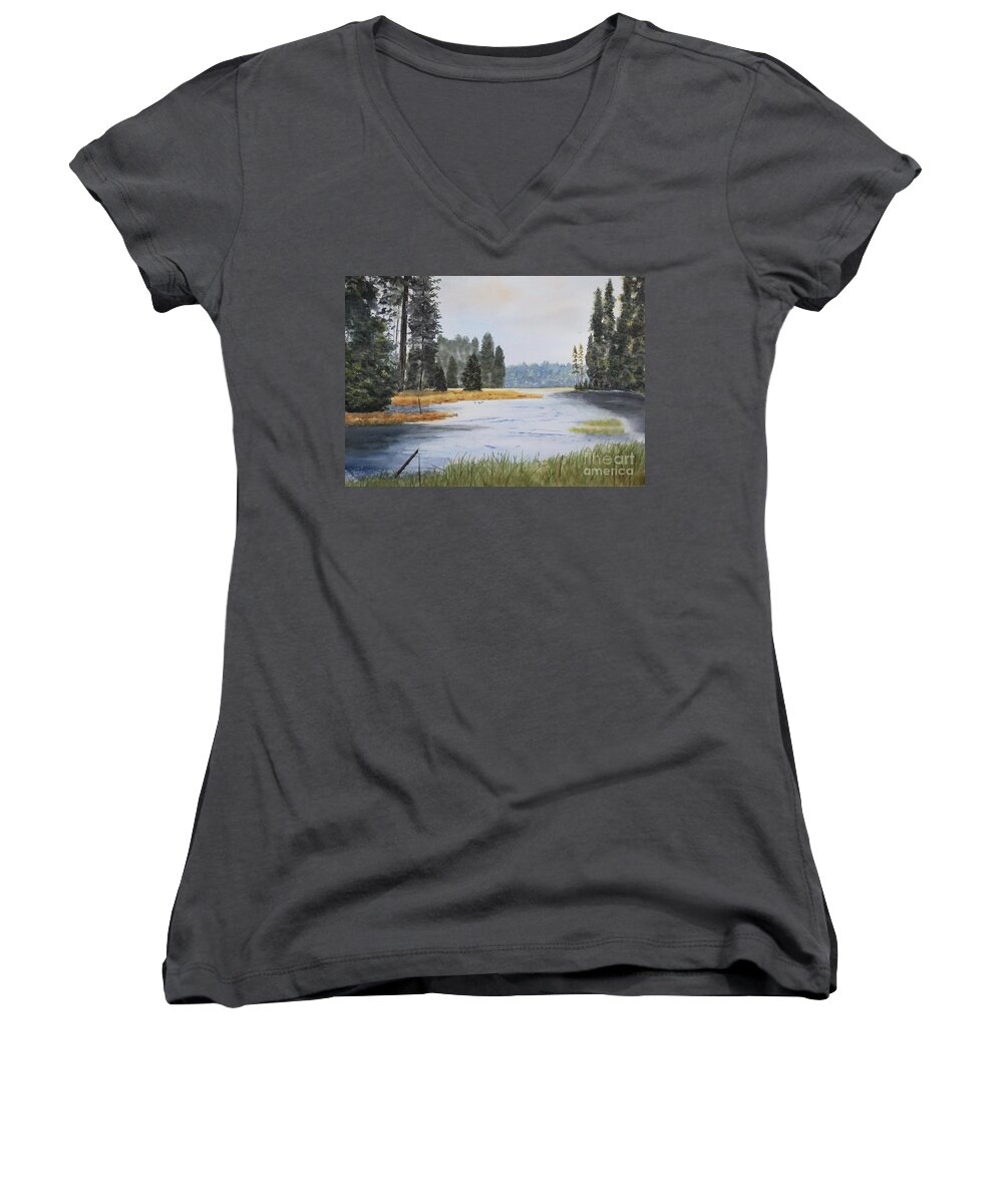 Watercolor Women's V-Neck featuring the painting Metolius River Headwaters by Stanton Allaben