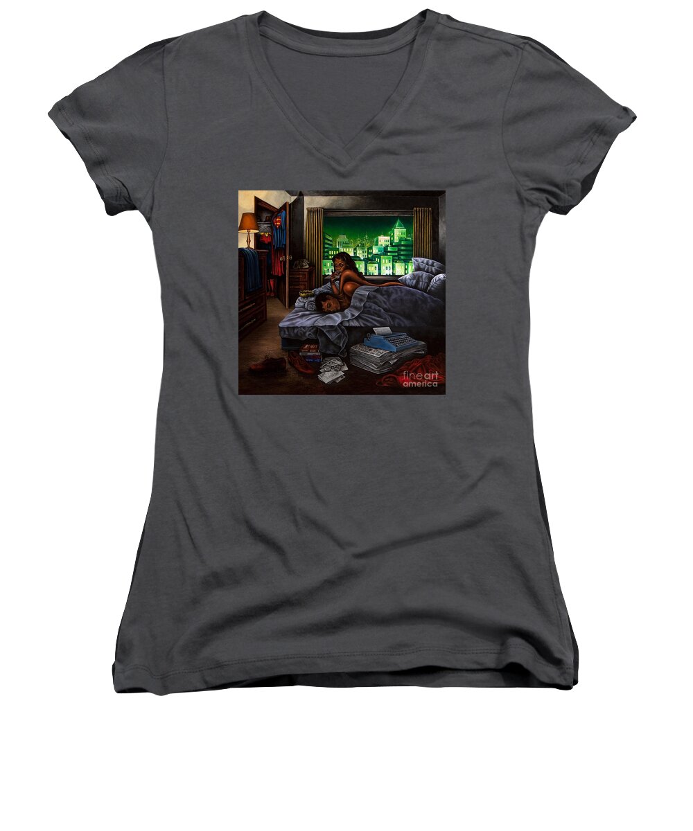 Night Landscape Women's V-Neck featuring the painting Metropolis by Michael Frank