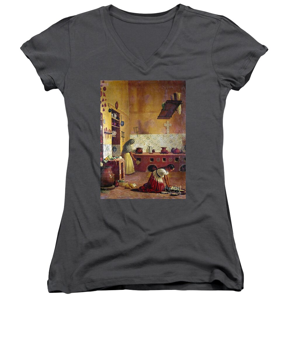 1850 Women's V-Neck featuring the painting MEXICO KITCHEN, c1850 by Unknown