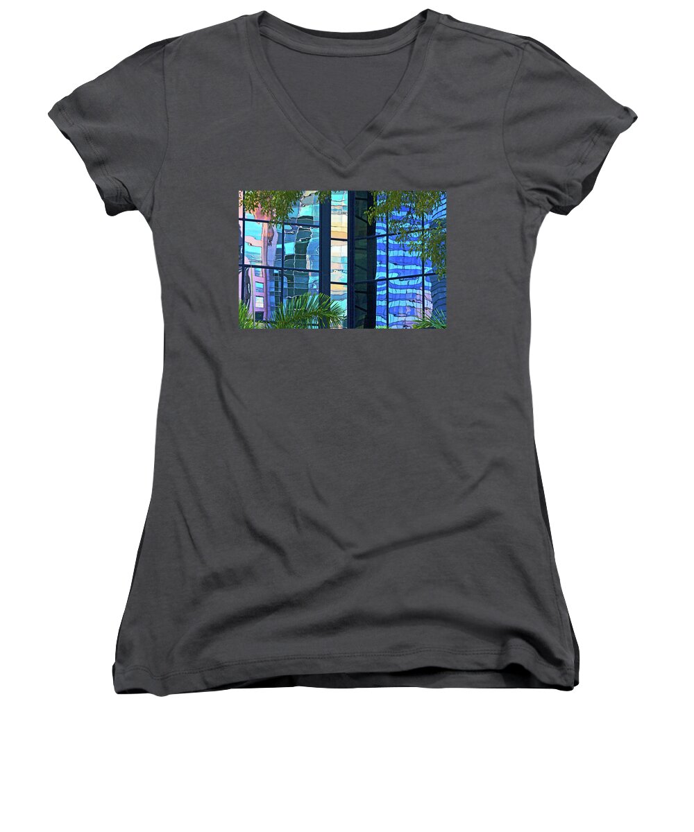  Women's V-Neck featuring the photograph Miami Reflections by Rochelle Berman