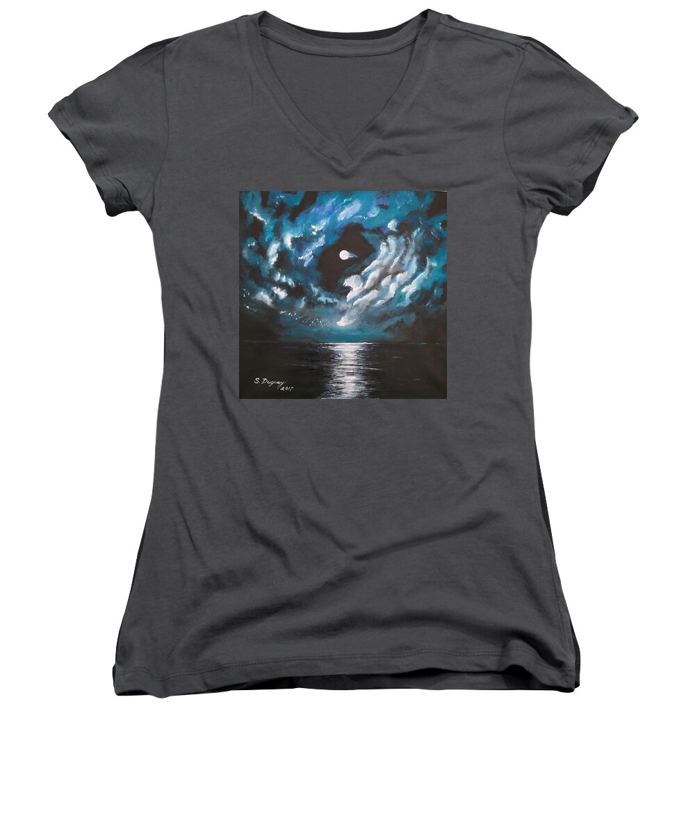 Fantasy Women's V-Neck featuring the painting Midnight Shine by Sharon Duguay