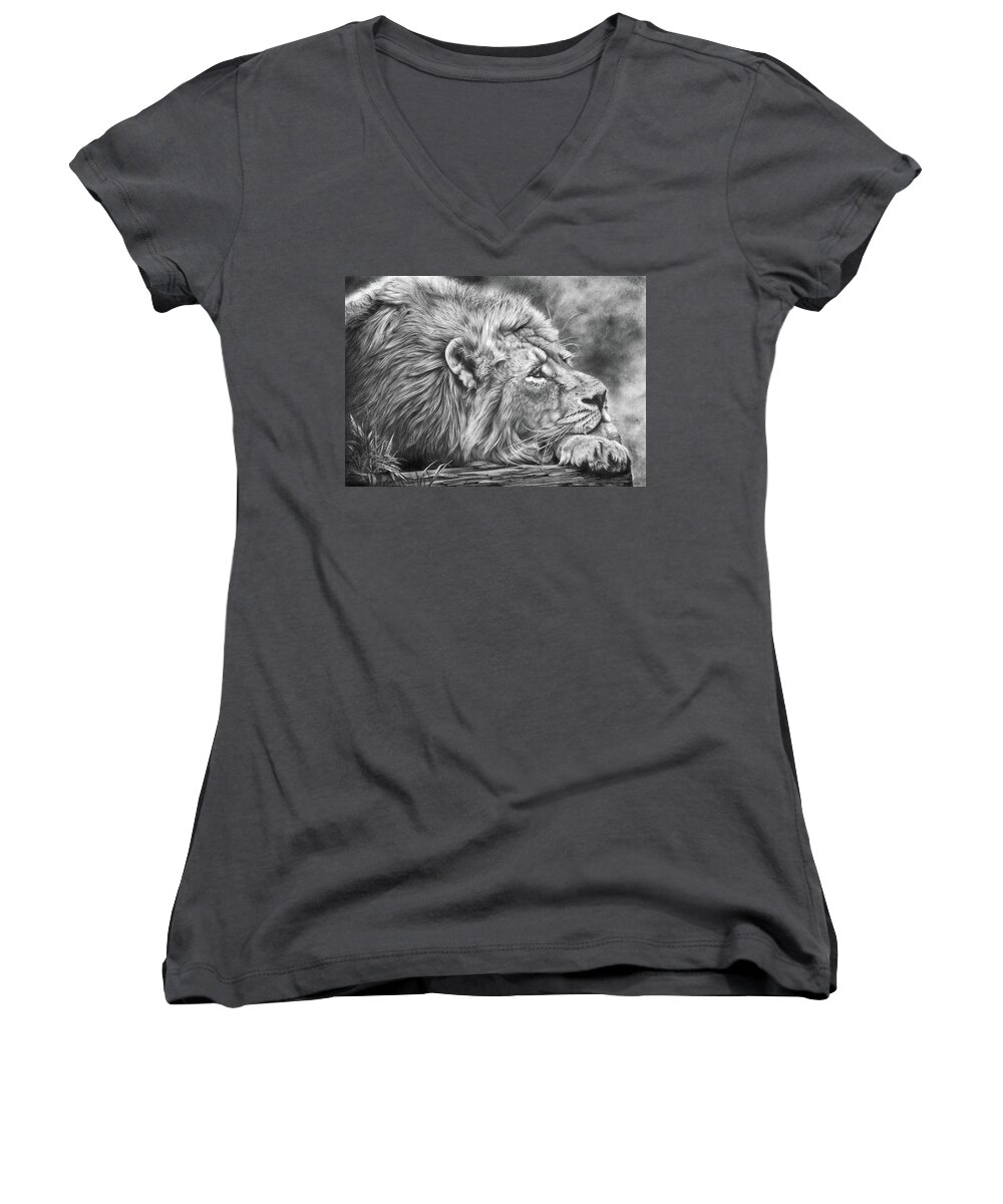 Lion Women's V-Neck featuring the drawing Miles Away by Peter Williams