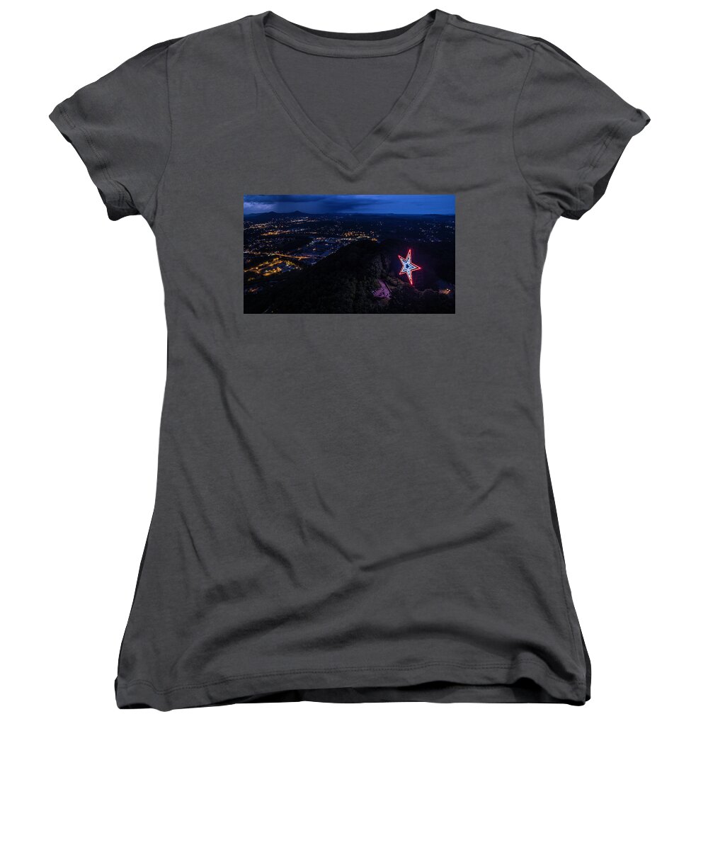 Mill Mountain Women's V-Neck featuring the photograph Mill Mountain at Dusk 2 by Star City SkyCams