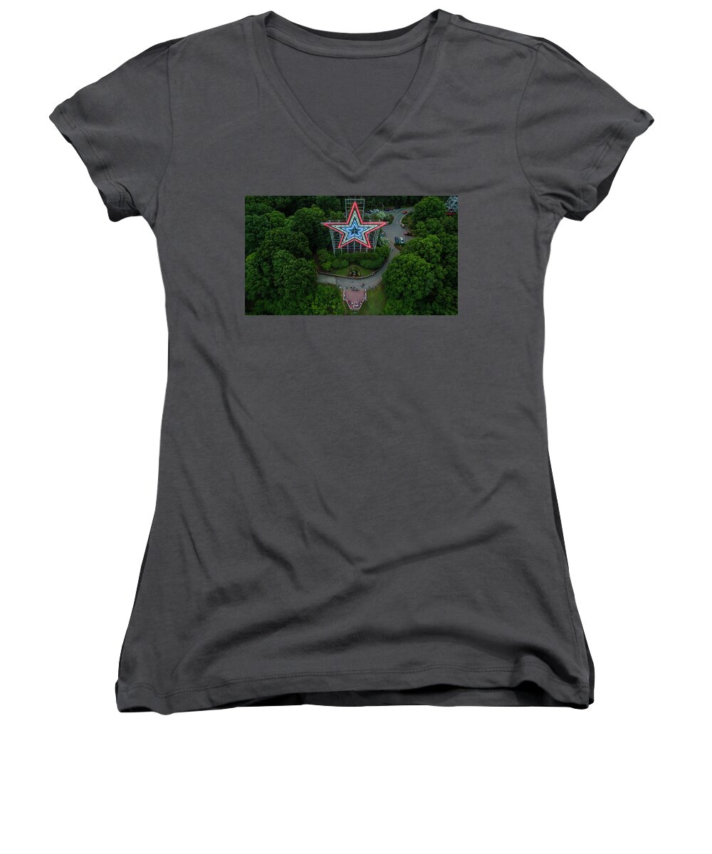 Mill Mountain Women's V-Neck featuring the photograph Mill Mountain RWB4 by Star City SkyCams