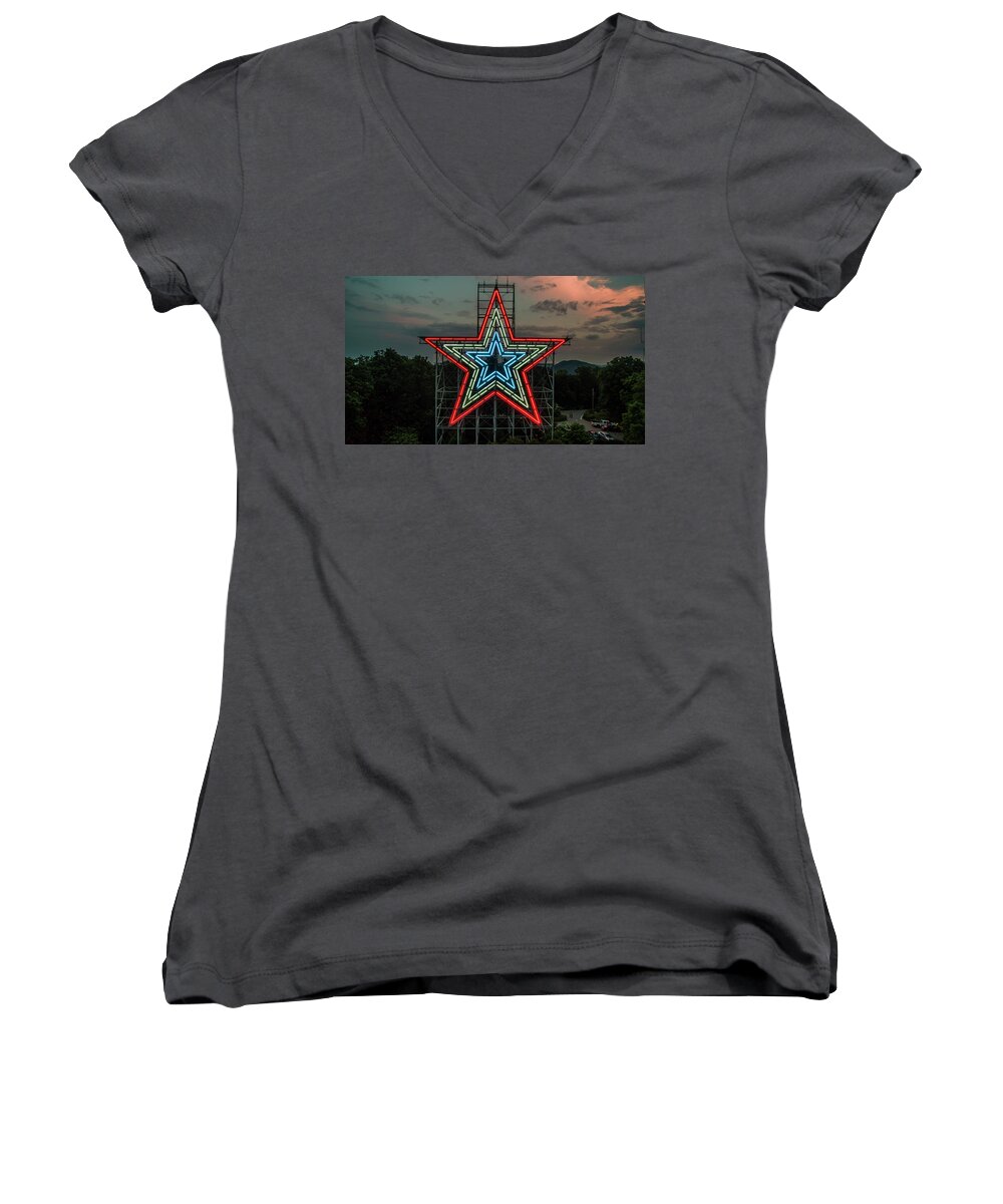 Mill Mountain Women's V-Neck featuring the photograph Mill Mountain Sunset by Star City SkyCams