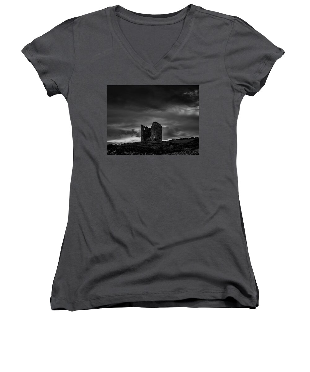 Castle Women's V-Neck featuring the photograph Minard castle BW #g0 by Leif Sohlman