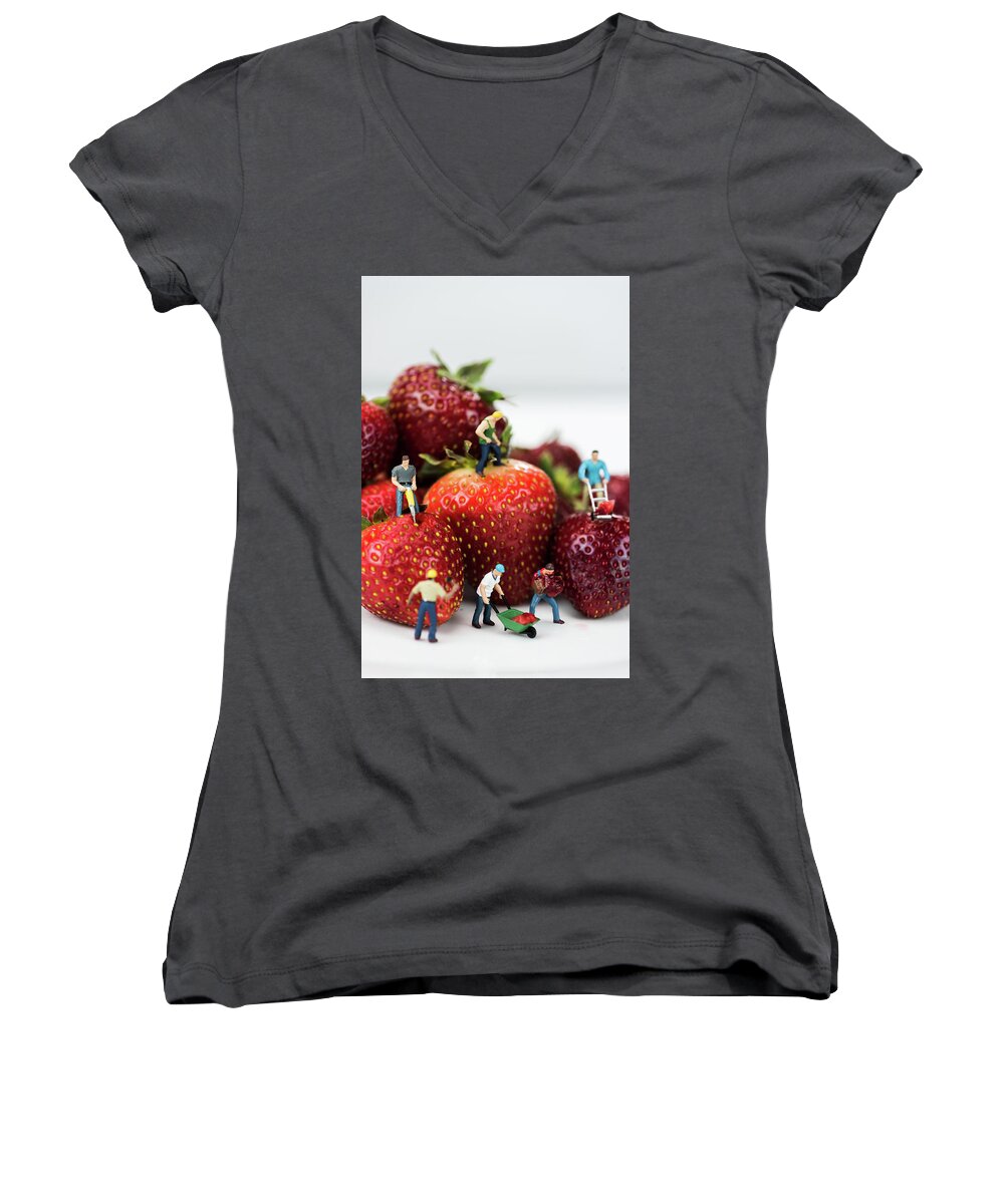 Miniature Photography Women's V-Neck featuring the photograph Miniature Construction Workers on Strawberries by Tammy Ray