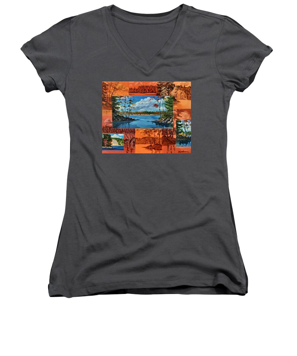  Women's V-Neck featuring the painting Mink Lake Looking North West by David Gilmore