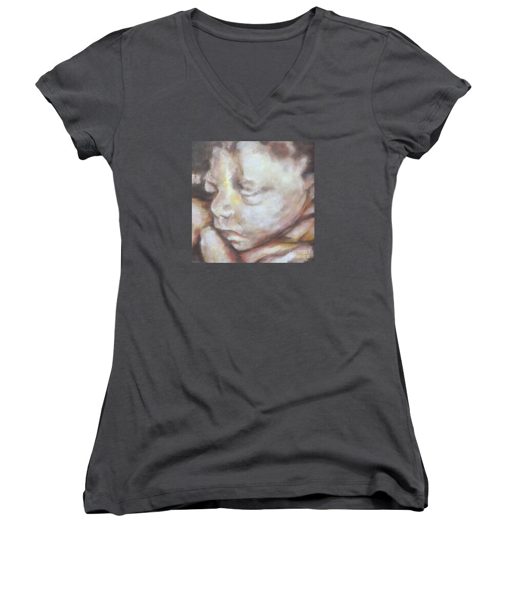 Miracle Baby Women's V-Neck featuring the painting Miracle Baby by Kathy Stiber
