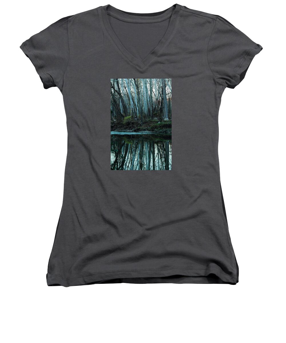 Reflection; Mirror Image; Nature; Landscape; Chagrin River; Ohio; Cleveland Metroparks; South Chagrin Reservation; Trees; Autumn; Fall; Water; October Women's V-Neck featuring the photograph Mirrored by Bruce Patrick Smith