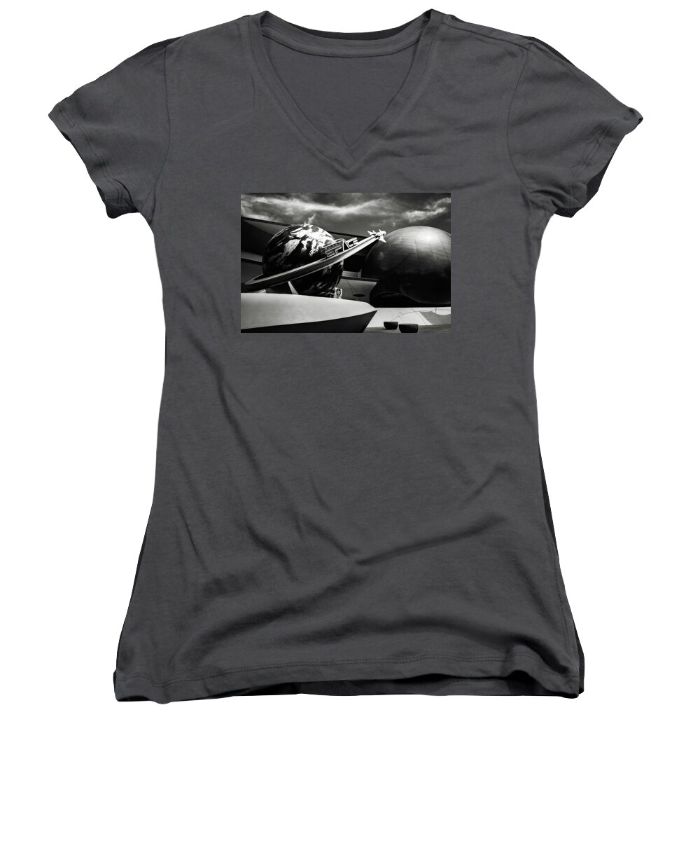 Disney World Women's V-Neck featuring the photograph Mission Space black and white by Eduard Moldoveanu