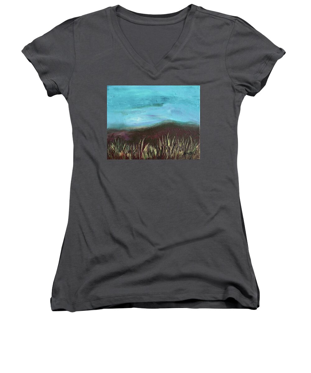 Misty Moors Women's V-Neck featuring the painting Misty Moors by Donna Blackhall