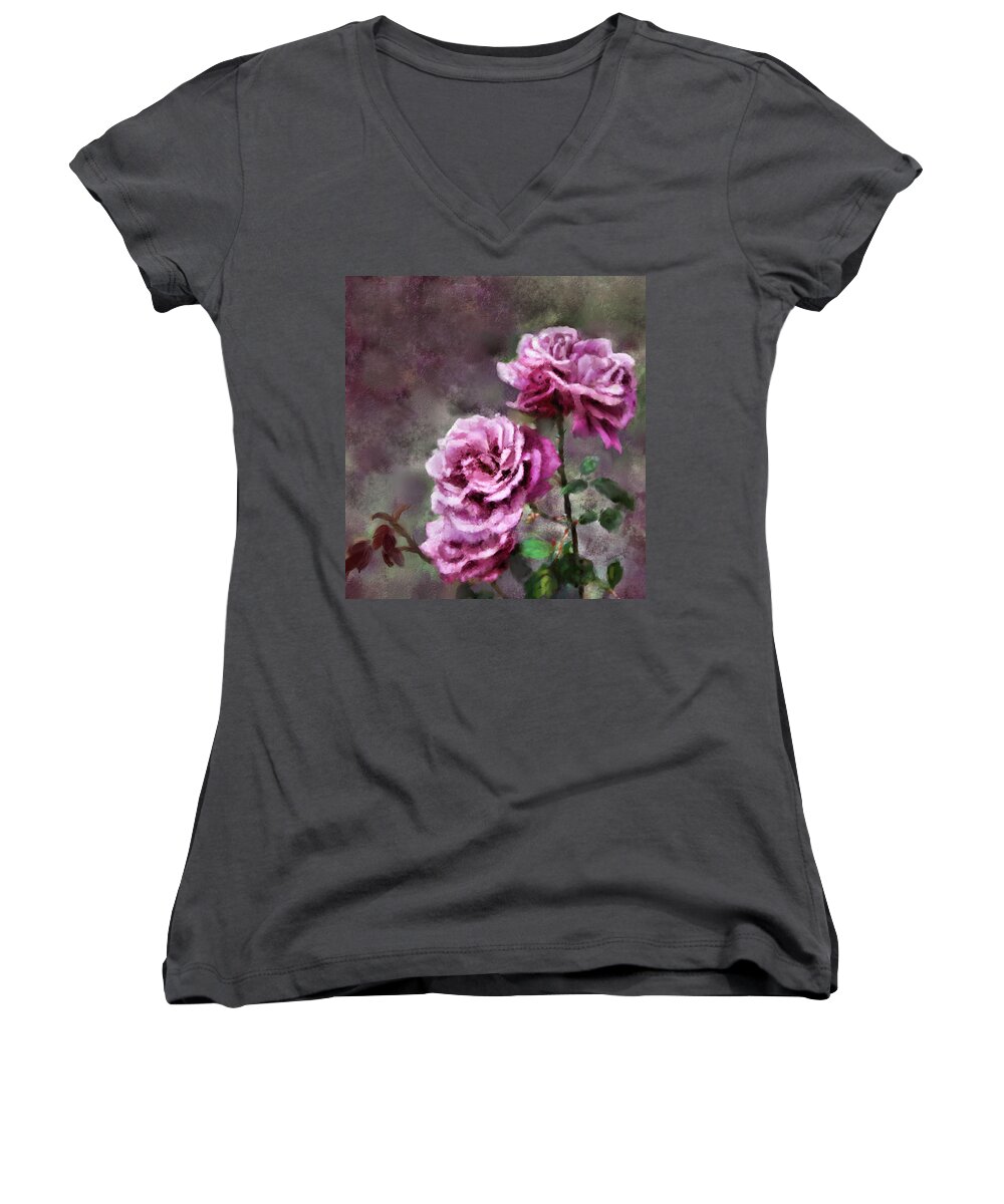 Digital Painting Women's V-Neck featuring the digital art Moms Roses by Susan Kinney