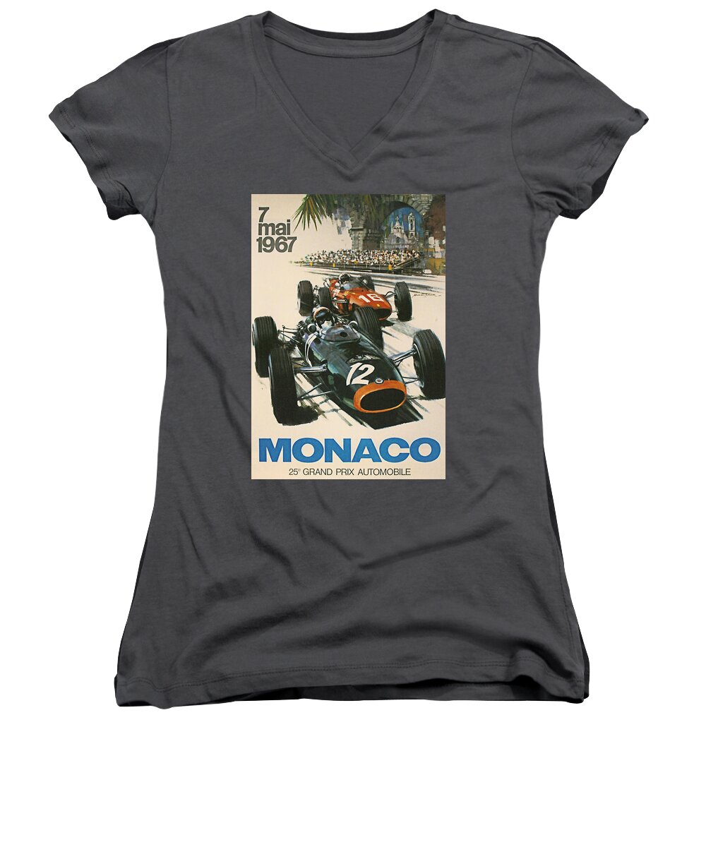 Monaco Grand Prix Women's V-Neck featuring the digital art Monaco Grand Prix 1967 by Georgia Clare
