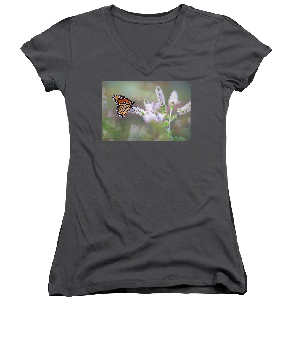 Butterfly Women's V-Neck featuring the photograph Monarch on Mint 1 by Lori Deiter