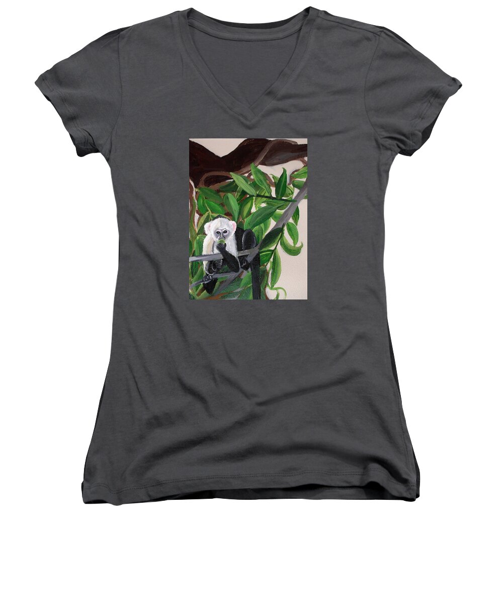 Tropical Women's V-Neck featuring the painting Monkey detail 2 from Mural by Anne Cameron Cutri