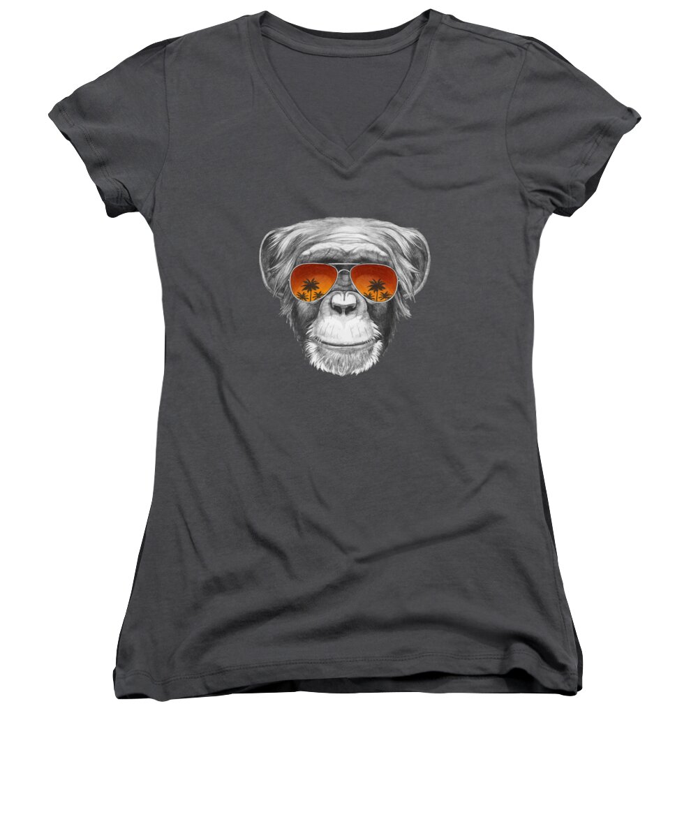 Monkey Women's V-Neck featuring the digital art Monkey with mirror sunglasses by Marco Sousa