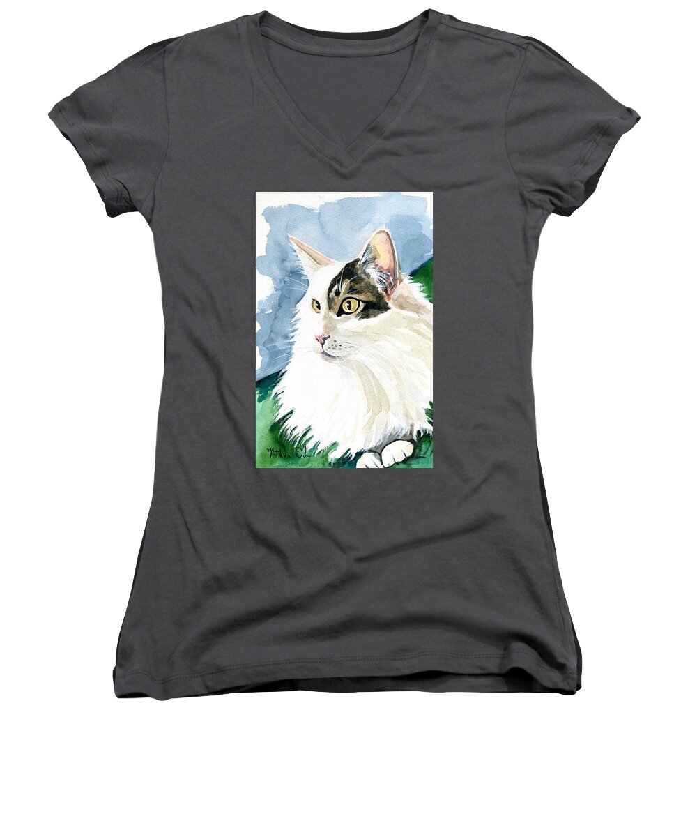 Monocle Women's V-Neck featuring the painting Monocle - Fluffy Long Haired Cat Portrait by Dora Hathazi Mendes